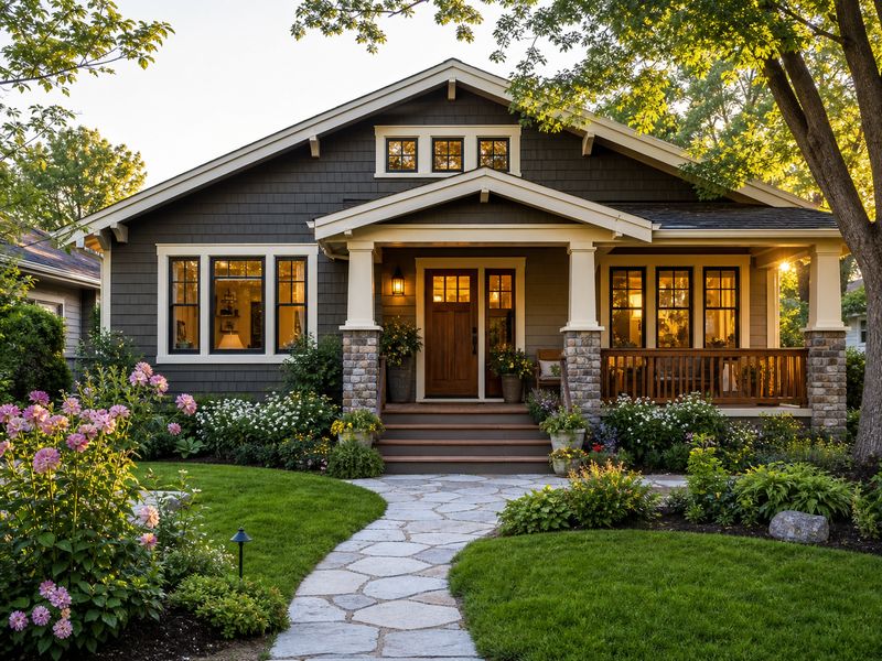 Renovated home exterior with a landscaped front garden, stone pathway and flowering borders